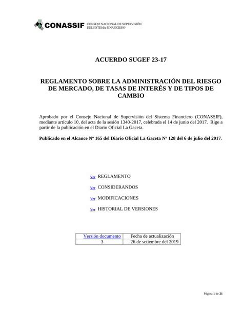 PDF ACUERDO SUGEF 23 17 REGLAMENTO SOBRE LA El Proceso De