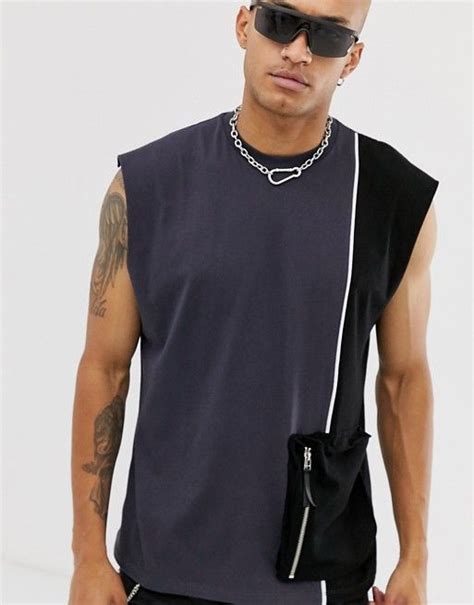 Asos Design Oversized Sleeveless T Shirt With Utlity Pocket And Piping