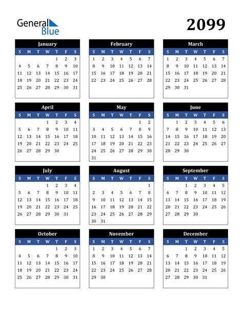 2099 Calendar (PDF, Word, Excel)