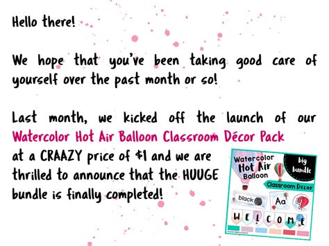 Class Decor Watercolor Hot Air Balloon