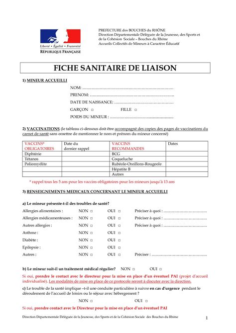 Calam O Fiche Sanitaire De Liaison Pour Tous Les Ges Compl Ter