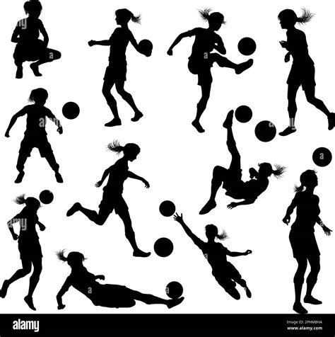 Female Soccer Football Player Woman Silhouette Set Stock Vector Image