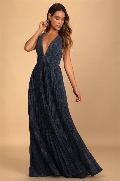 Blue Metallic Dress Pleated Maxi Dress Plunge Maxi Dress Lulus