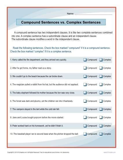 Simple Compound And Complex Sentences Worksheets