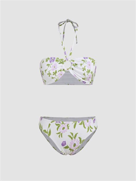 Knit Fabric Floral Pattern O Ring Halter Bikini Swimsuit For Vacation Swimming Pool Beach