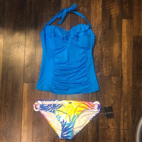 La Blanca Swim La Blanca Ruffled Halter Tankini Swim Top Tropical Ringlet Bikini Bottom