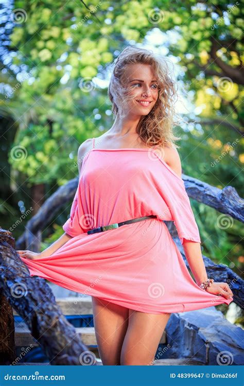 Blonde Woman Posing In Pink Dress Stock Image Image Of Posing Adult 48399647