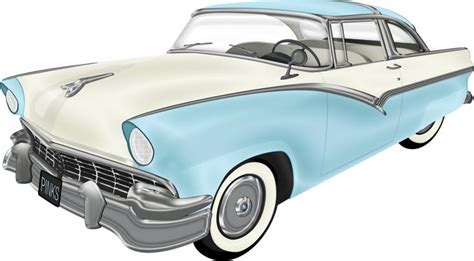 50's Car Clipart - Vintage Blue and White Car Drawing