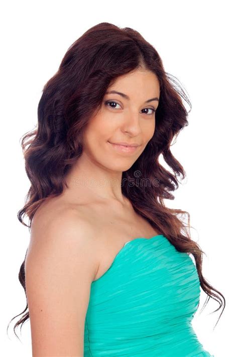 Brunette In Green Dress Posing Barefoot In Studio Stock Photo Image Of Fashion Beautiful