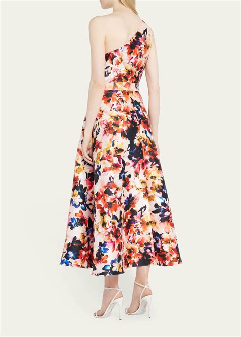 Badgley Mischka Collection Pleated One Shoulder Floral Print Midi Dress