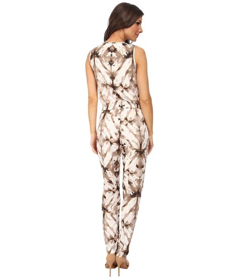 Calvin Klein Sleeveless Print Tapered Bottom Jumpsuits In Brown Soft