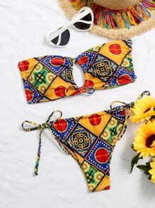 SHEIN Swim BohoFeel Mixed Print Bikini Set Self Tie Bandeau Bra Thong