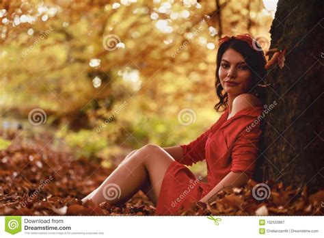 Beautiful Brunette Relaxes In Leaves Near A Tree Stock Image Image Of