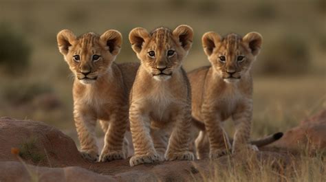 Fond Trois Lionceaux Debout Dans Le Champ Fond Photo De Lionceaux