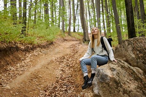 Curious Blonde Female Hiker Wearing Backpack Stock Image Image Of Scenic Girl 312402531