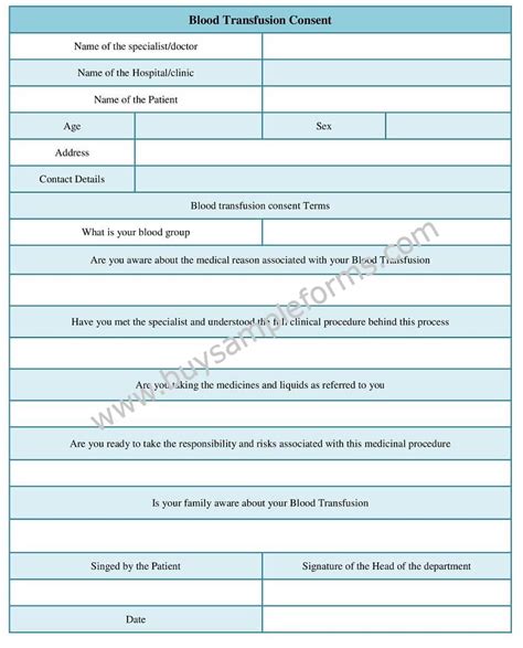 Printable Blood Transfusion Consent Form Template Word