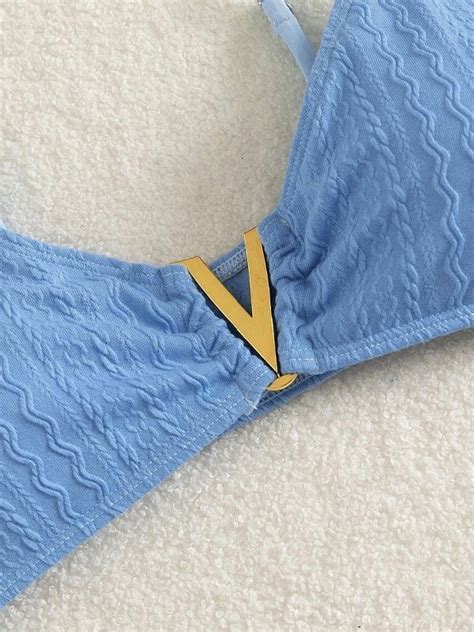 Emmiol Free Shipping Textured V Shaped Bikini Set Blue M In Bikini Sets Online Store EMMIOL