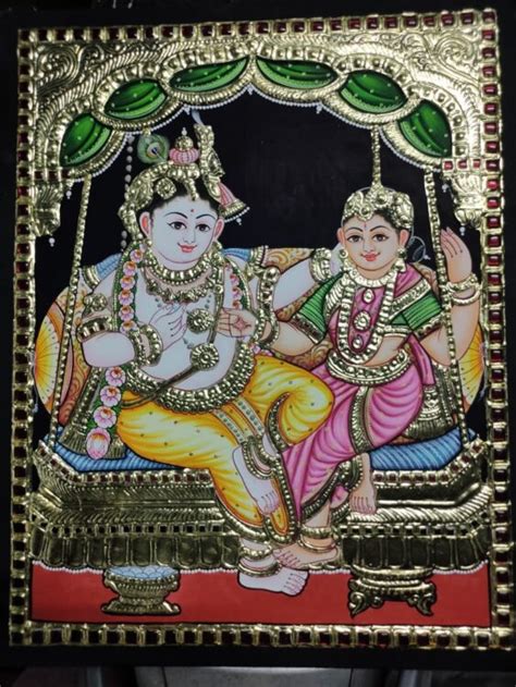 Rukmini And Krishna On Unjal Tanjore Painting X