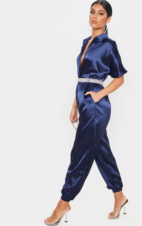 Navy Bonded Satin Oversized Shirt Jumpsuit Prettylittlething Qa