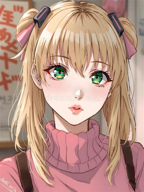 Ai Generated Youthful Blonde Manga Character In Pink Ensemble Stock