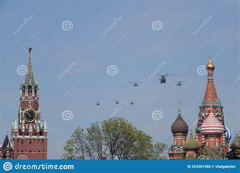 Military Helicopters In The Sky Over Moscow During The Dress Rehearsal