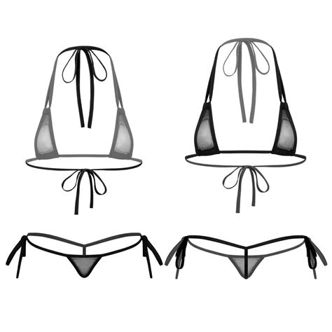 Women S See Through Mesh Strappy Micro Thongs Bra Mini Bikini Swimwear Swimsuit EBay
