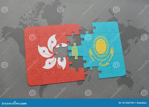 Puzzle With The National Flag Of Hong Kong And Kazakhstan On A World