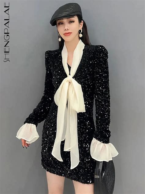 Shengpalae Elegance Sequins Shirt Dress For Women Fashion Trend Scarf