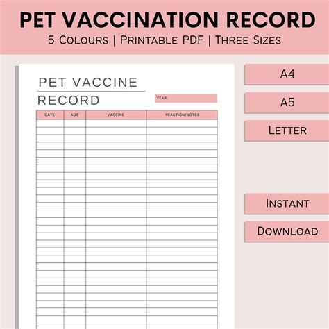 Pet Vaccination Record Printable Pet Immunizations Animal Health Log