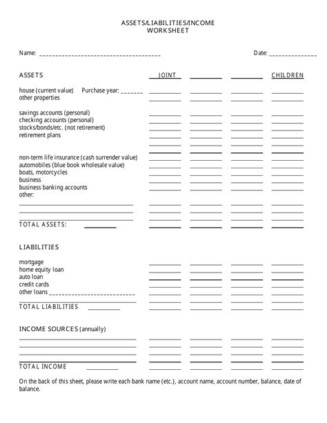 Assets/Liabilities/Income Worksheet Template Download Printable PDF ...