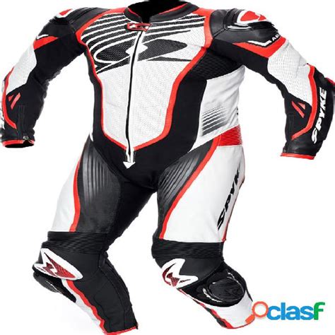 Tuta Moto Pelle Intera Estiva Spyke Aragon Race Nero Bianco Rosso Fluo