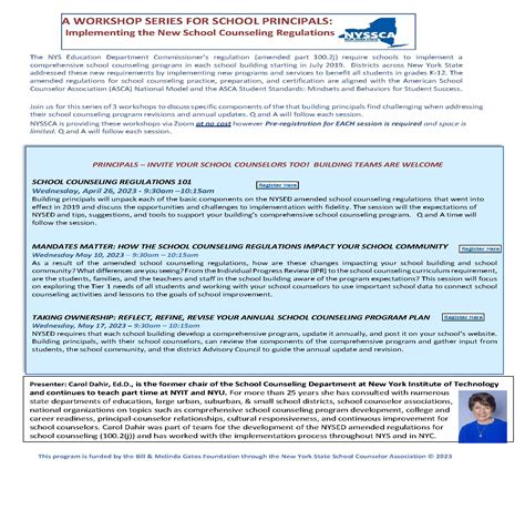 WORKSHOP SERIES FOR SCHOOL PRINCIPALS: MANDATES MATTER: HOW THE SCHOOL COUNSELING REGULATIONS