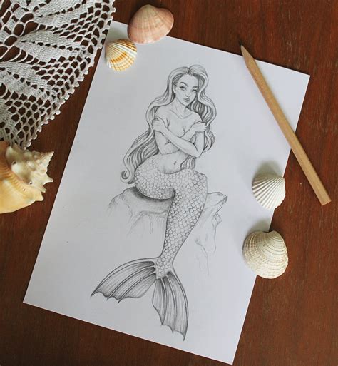 Naked Mermaid Fine Art Print Nude Woman Graphite Pencil Drawing Print Signed By Artist Mermaid