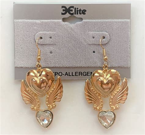 Jj Jonette Signed Polished Gold Tone Engraved Heart And Wings Drop