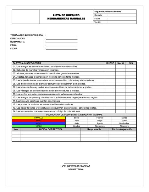 Mareo Extracción guerra modelo de check list de herramientas manuales