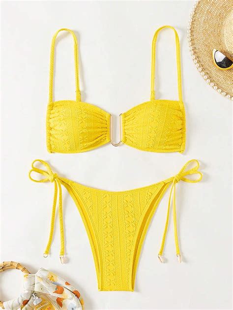 SHEIN Swim Mod Women Textured U Clip Thin Shoulder Strap Bikini Set Is Suitable For Summer Beach