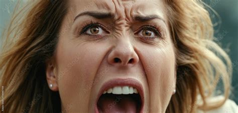Mature Adult Woman Age 40 Screams With Her Mouth Wide Open From Dissatisfaction To Anger And