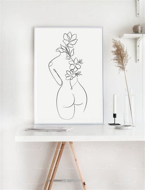 Erotic One Line Art Nude Line Drawing Sexy Drawing Minimal Outline Flowers Naked Woman Print