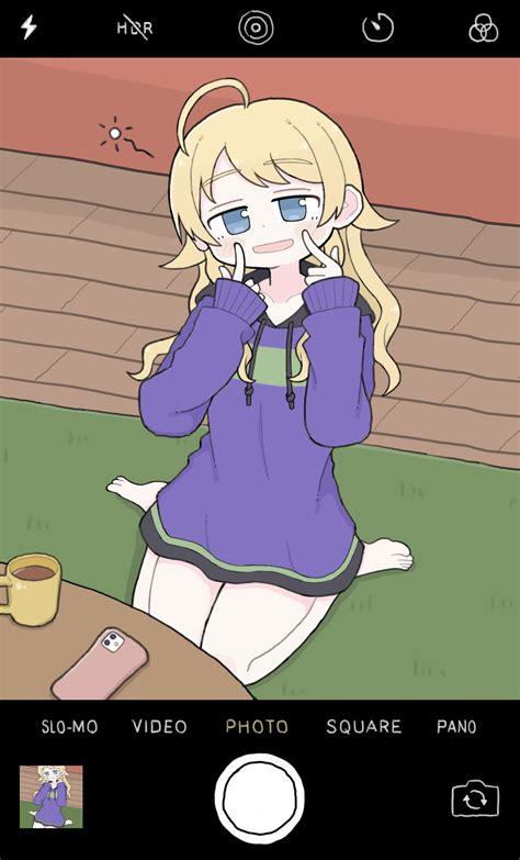 Safebooru 1girl Ahoge Aqua Eyes Bare Legs Barefoot Blonde Hair Blush Cellphone Cup Fake Phone