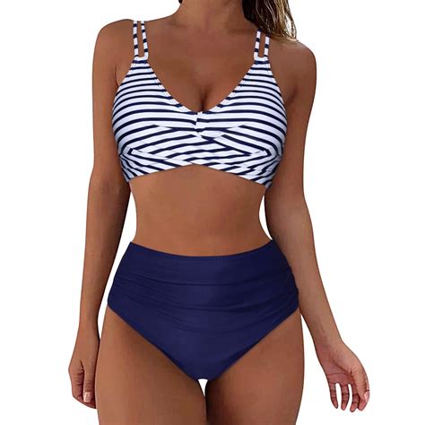 Yejiman Blue Swimsuit For Women Retro Wrap High Waist Bikini Piece Swimsuit Print Tow Set Piece