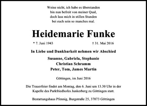 Traueranzeigen Von Heidemarie Funke Trauer Anzeigen De