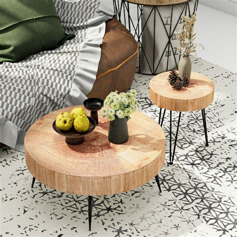 Cozayh 2 Piece Modern Farmhouse Living Room Coffee Table Set Nesting Table Round Natural Finish