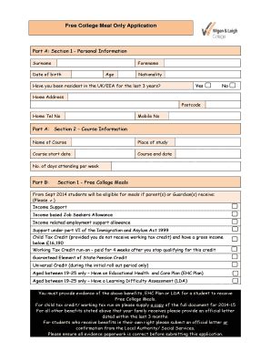 Fillable Online Wigan Leigh Ac Free College Meal Application Form