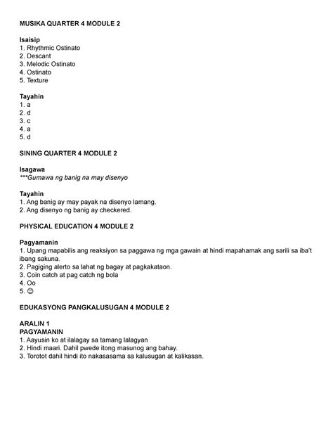 Mapeh Modyul This Is An Answer Key For Module Musika Quarter