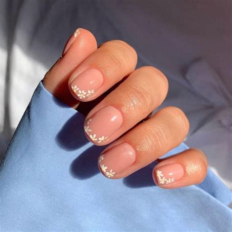 Nude Florals Nails French Tip Nails Short Square Nails