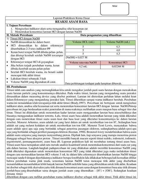 Laporan Reaksi Asam Basa Laporan Praktikum Kimia Dasar Reaksi Asam