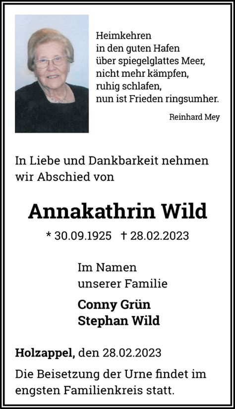 Traueranzeigen Von Annakathrin Wild Rz Trauer De