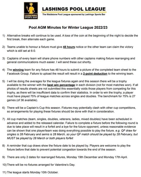Cssc Maidstone Pool League Winter 2023 Agm Minutes