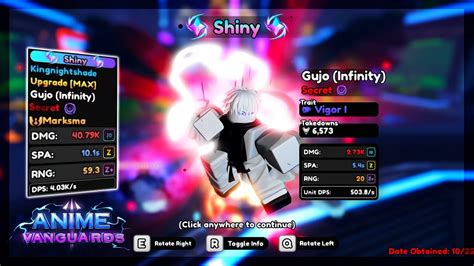 Max Lvl Shiny Evolved Gojo Showcase Anime Vanguards Youtube