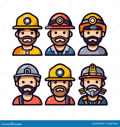 Six Different Miners Various Helmets Facial Hair. Detailed Helmets